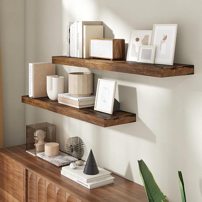 40 Inch Floating Shelves for Wall, 8 Inch Deep Floating Shelf for Storage & Display, Wall Mounted Shelf with Invisible Brackets for Living Room, Kitchen, Bathroom, Home Decor, Set of 2, Rustic Brown