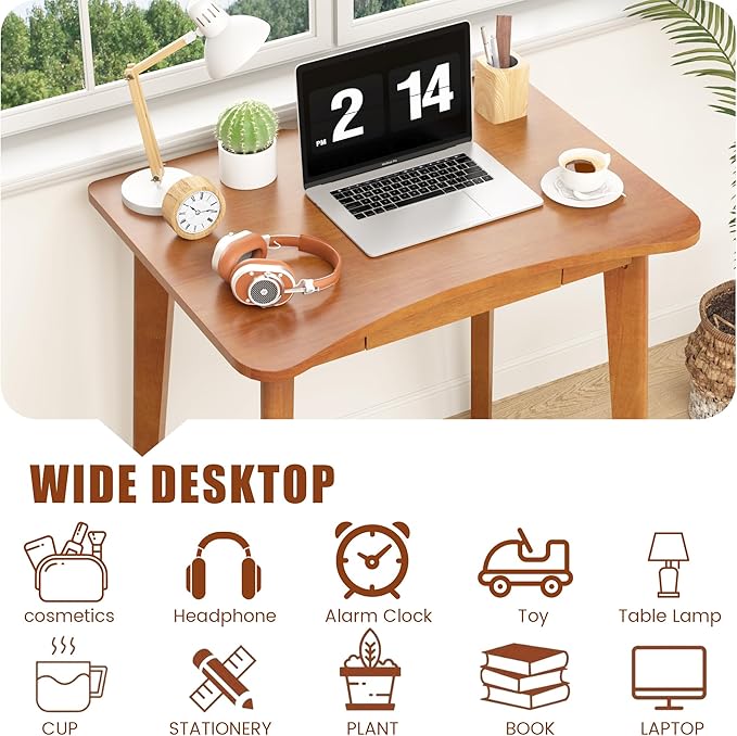 100% Solid Wood Desk with Drawers - 32 x 24 Inch Home Office Computer Desks, Modern Writing Desk with Drawers, Simple Study Table Makeup Vanity - Walnut Vintage Desks
