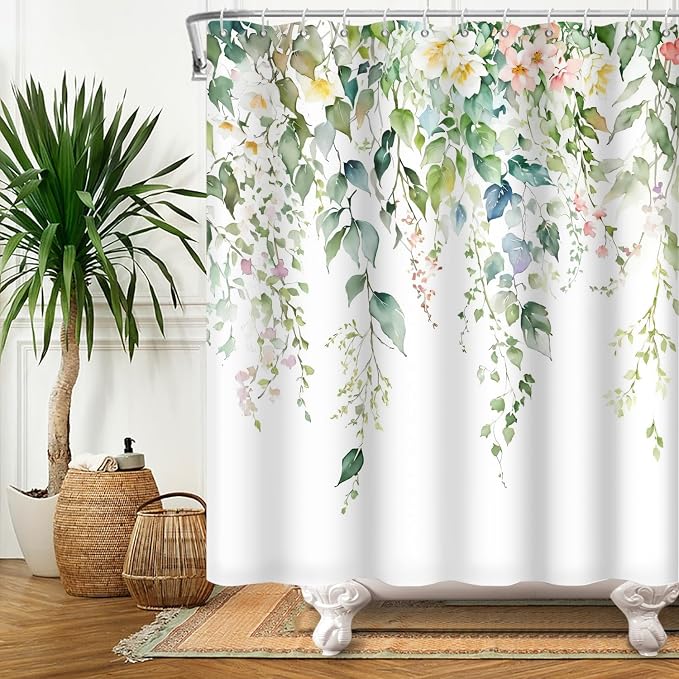 Sage Green Eucalyptus Shower Curtain Watercolor Botanical Floral Leaves Shower Curtain Set Spring Nature Bathroom Decor with 12 Hooks,66x72 Inches