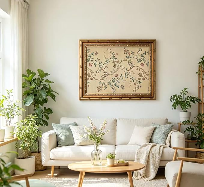 Vintage gold framed Floral Vine wall art Retro Beige Botanical Painting Canvas Prints Elegant Antique Flower French Leaf Wall Decor for Farmhouse Bedroom Living Room Home Decration 12x16in