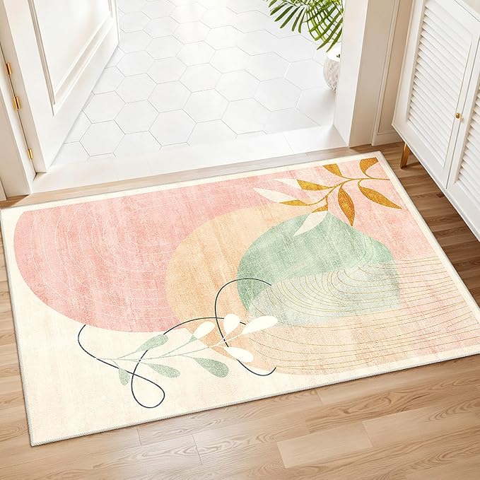 MUJOO 2x3 Washable Rug Small Area Rugs for Entryway Kitchen Bedroom,Boho Non Slip Throw Carpet for Bathroom Entrance Door Mat Mid Century Modern Abstract Botanical Geometric Accent Pink