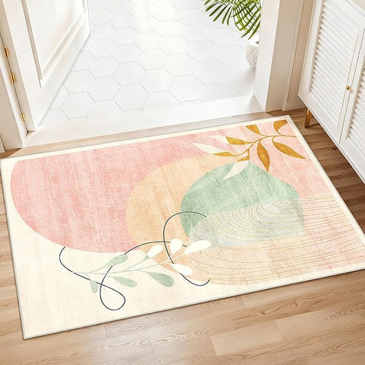 MUJOO 2x3 Washable Rug Small Area Rugs for Entryway Kitchen Bedroom,Boho Non Slip Throw Carpet for Bathroom Entrance Door Mat Mid Century Modern Abstract Botanical Geometric Accent Pink