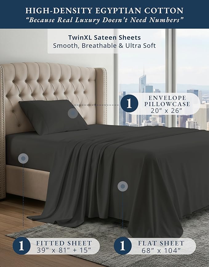 LANE LINEN 100% Egyptian Cotton Extra Long Twin Sheets, Long Staple Mercerized Cotton No Pill Fade Resistant Silky Sateen Weave for Soft & Comfy Good Night Sleep - Black