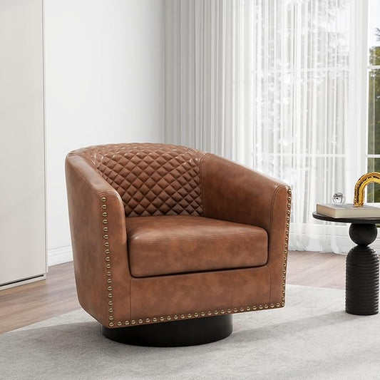 Swivel Barrel Accent Chair, Comfy Modern Upholstered Round Faux Leather Arm Chair for Living Room, Bedroom（Brown, Set of 1