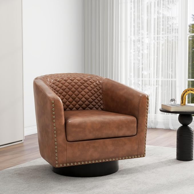 Swivel Barrel Accent Chair Set of 2, Comfy Modern Upholstered Round Faux Leather Arm Chair for Living Room, Bedroom, Brown