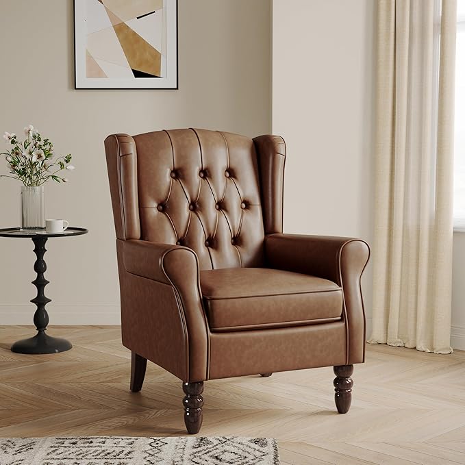Lumibee High Back Accent Chair,Upholstered Faux Leather Wingback Armchair with Solid Wood Legs for Small Spaces,Comfy Single Sofa Chair for Living Room,Bedroom,Office-Brown