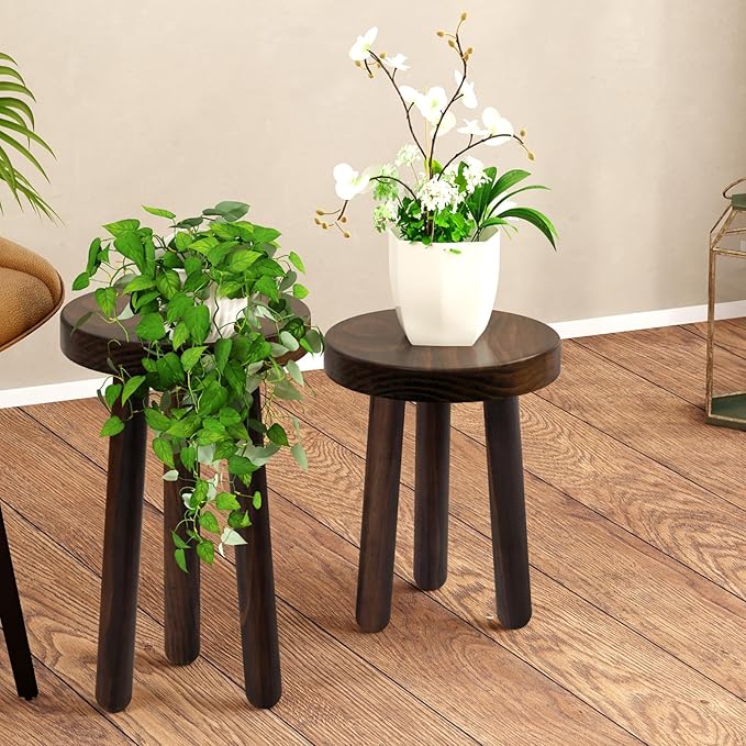 Wood Plant Stand Set of 2 (16+12" Tall) - Dark Walnut Round Solid Wood Plant Stand, Side Table, or Bathroom Stool - Heavy Duty Stool for Small Spaces