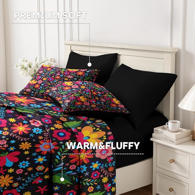Nesker 7 Pcs Comforter Set King Size, Mexican Floral Flower Bedding Set for Kids and Adults, Retro Red Beautiful Bed Sheet Sets with Fitted Sheet 2 Pillowcases & 2 Shams