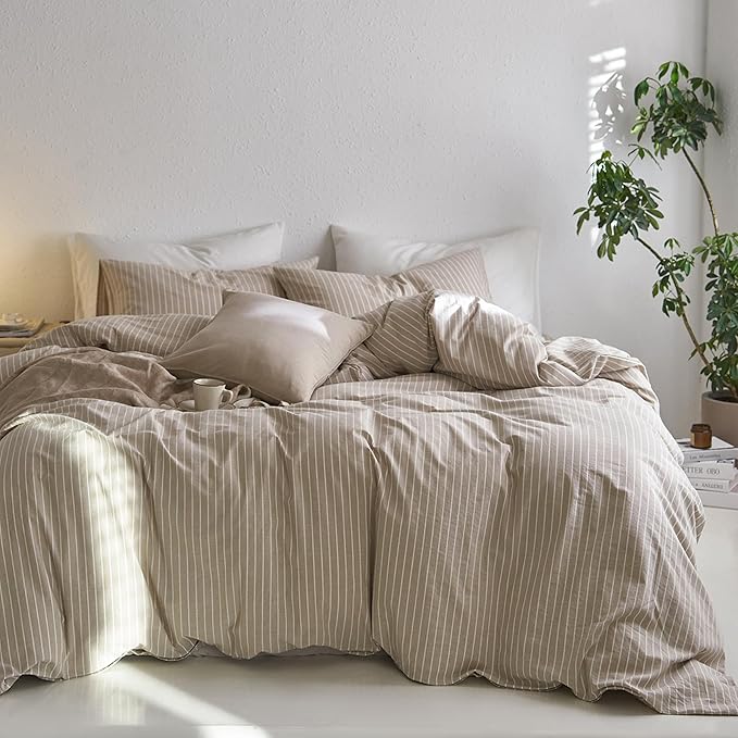 MooMee Striped Duvet Cover Set 100% Washed Cotton Linen Like Textured Breathable Durable Soft Comfy (Tannish Linen Grey White Wide Stripes, Oversized King Plus 128"x120")