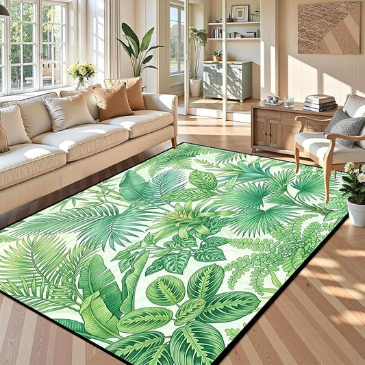 Tropical Leaves Area Rug 6'x9' Green Botanical Palm Fern Leaf Rug Non Slip Washable Indoor Floor Mat for Bedroom Living Room Nursery Kitchen Playroom Home Decor