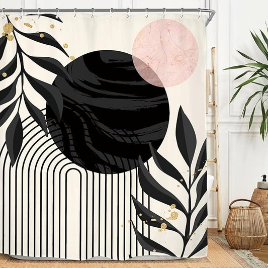 Miyotaa Abstract Modern Shower Curtain Set 60Wx71H Inches Minimalist Aesthetic Black Pink Contemporary Plant Leaves Neutral Polyester Waterproof Cloth Bathroom Curtain with 12 Hooks