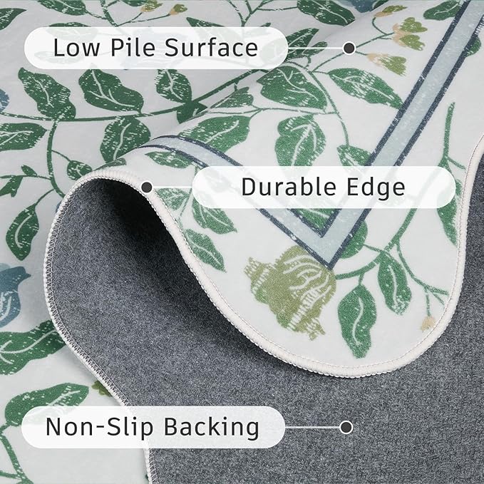 DCX Washable Botanical Floral Rug 3x5, Blue and Green Scalloped Rug, Non Slip Low Pile Carpet for Bedroom, Living Room, Kid & Pet Friendly