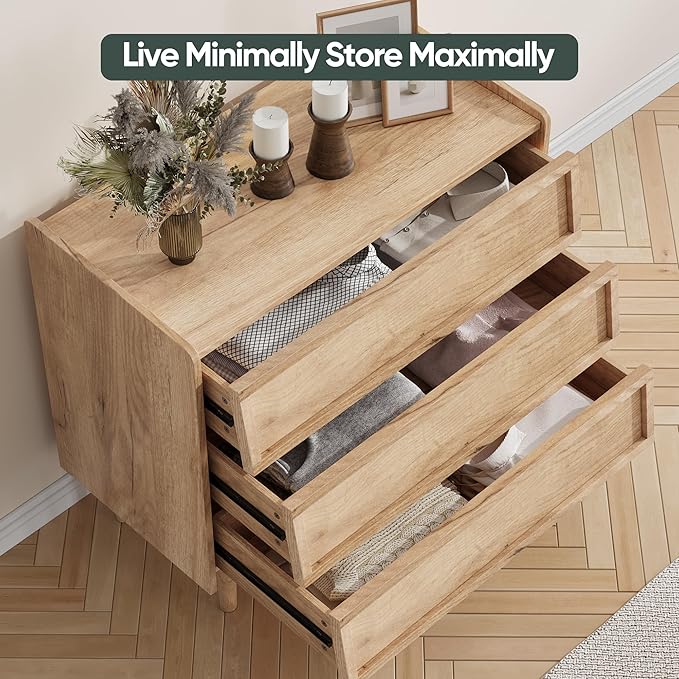 3 Drawers Dresser, 31.5'' W Mid- Century Modern Wooden Chest of Drawers, Large Night Stands Organizer for Bedroom, Closet, Hallway, Entryway, Natrual Wood Color