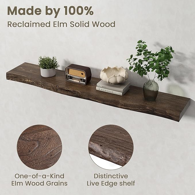 Fun Memories Floating Shelves for Wall Decor Set of 1-48 Inch Solid Elm Wood Live Edge - Rustic Walnut Wall Shelves with Invisible Brackets - for Living Room, Bedroom, Kitchen - Walnut Finish