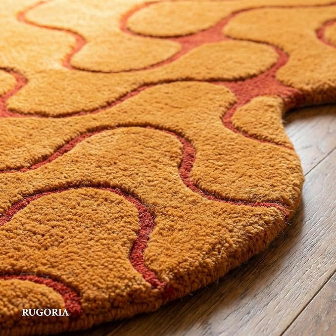 Hand-Tufted Abstract Wool Area Rug, Irregular Organic Shape with Wavy Pattern, Soft Plush Handmade Carpet for Living Room, Bedroom & Home Décor, Cotton Backing (Mustard Orange, 8' x 12')