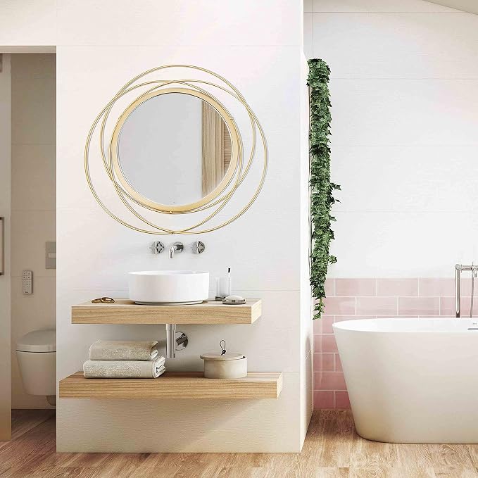 2 Set Circle Mirrors for Wall Decor for Living Room Bedroom Bathroom Entryway Metal Round Mirror Decorative Hanging Mirrors Sun Bohemian Geometric Accent Sculpture -Gold 15.7 in
