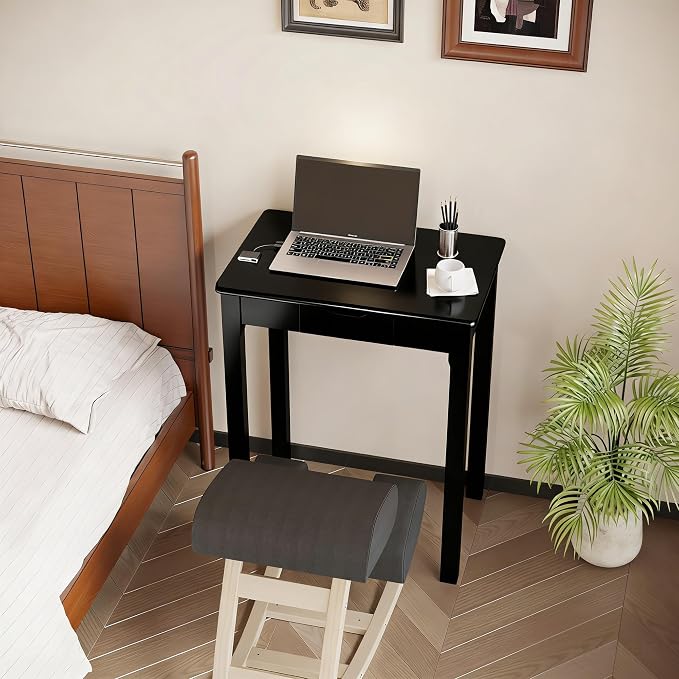 Solid Wooden Desk with Drawers - 24 x 16 Inch Narrow Desks for Small Spaces, Rubberwood Simple Study Table, Small Writing Desk for Bedroom - Modern Black Desks