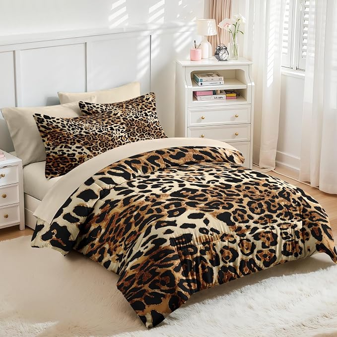 Nesker Comforter Set Twin Size, Leopard Print Cheetah Wild 5 Pcs Bedding for Kids and Adults, Animal Safari Skin Pattern Bed Sheet Sets with Fitted Sheet Pillowcase & Sham
