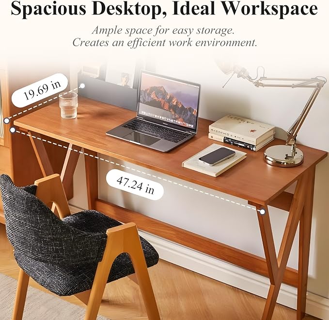 Mid Century Modern Desk, Spacious Solid Wood Writing Desk, Minimalist with K-Shaped Legs, Home Office Desk, 29.5 H x 47.2 W x 19.7 D Inches(Natural)
