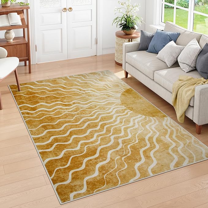 Wonnitar Sun 5x7 Area Rug, Boho Ombre Yellow Bedroom Rug Machine Washable Carpet, Ultra Thin Soft Non Slip Mid Century Nursery Carpet for Kids Room Living Room Playroom Classroom Decor