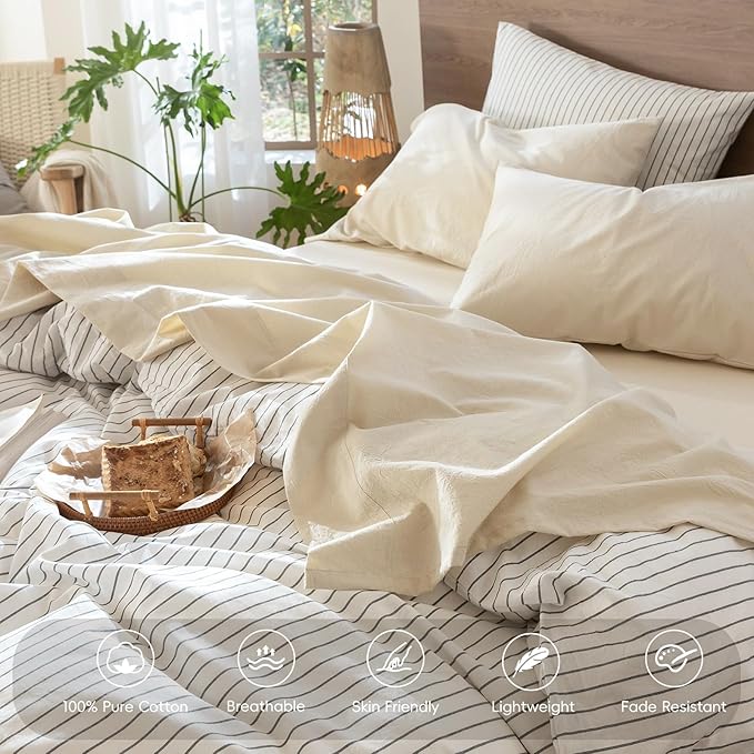 MooMee Bedding Sheet Set 100% Washed Cotton Linen Like Textured Breathable Durable Soft Comfy (Heathered Almond Milk Grey, Twin)