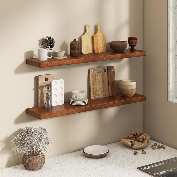 Fun Memories 40 Inch Floating Shelves, Rustic Solid Wood Wall Shelves Set of 2, 8 Inch Deep Floating Shelf for Bathroom, Bedroom, Heavy-Duty Wooden Shelf Wall-Mounted for Home Decor & Storage