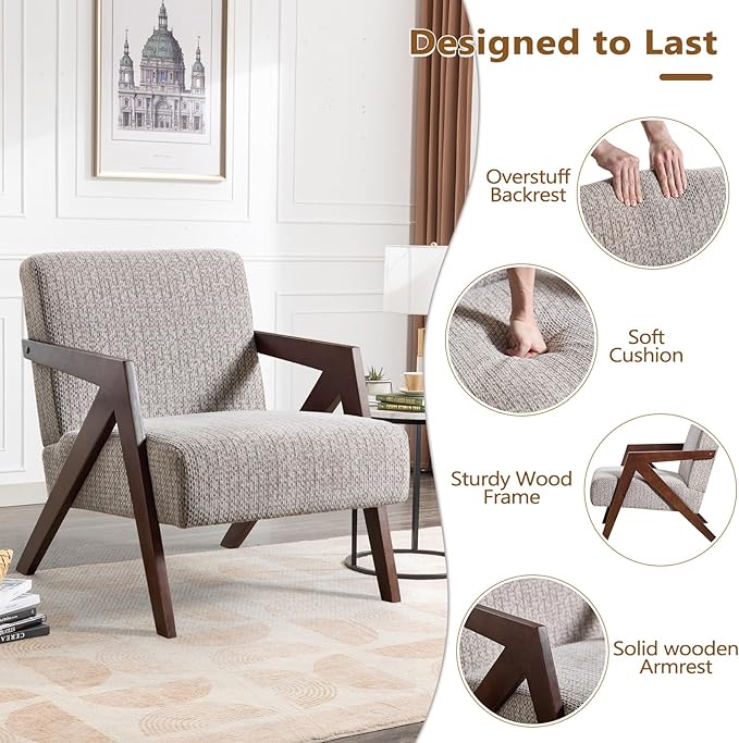 Bonzy Home Mid-Century Modern Accent Chair Set of 2 with Wood Frame, Upholstered Armchair for Bedroom & Living Room, Linen Fabric Cushion, Z-Shaped Armrest Design, Sturdy Lounge Chair