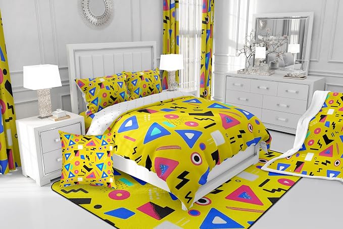 Memphis Geometric Pattern Comforter Cover Set King Size,Retro Style Round Half Moon Triangle Shapes Artwork Duvet Cover Colorful Graphic 80s 90S Style Bedding Set Abstract 1990S Memphis Home Decor