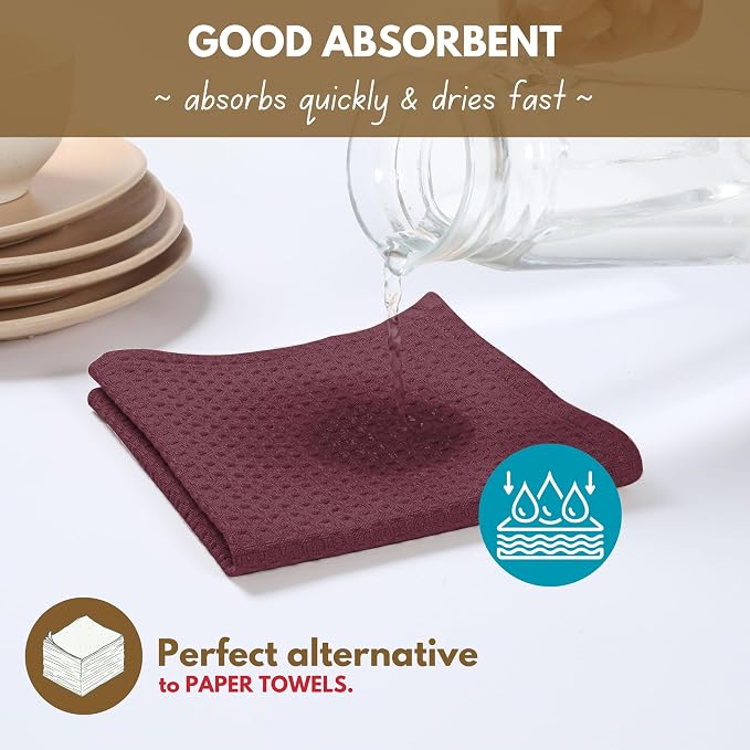 Native Fab 18 Pack Dish Cloths - 100% Cotton, Absorbent, Quick Drying, Soft & Washable Towels for Cleaning, Cooking & Baking - Perfect for Home, Restaurants, Bars, Versatile Uses, 12"x12", Burgundy