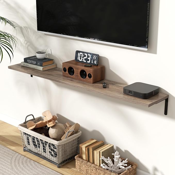 Fun Memories Deep Floating Shelves, 55W x 8D Floating Shelves Set of 2, Wall Mounted Shelf with Metal Brackets, Rustic Wood Wall Shelf for Bathroom, Kitchen and Living Room, Grey