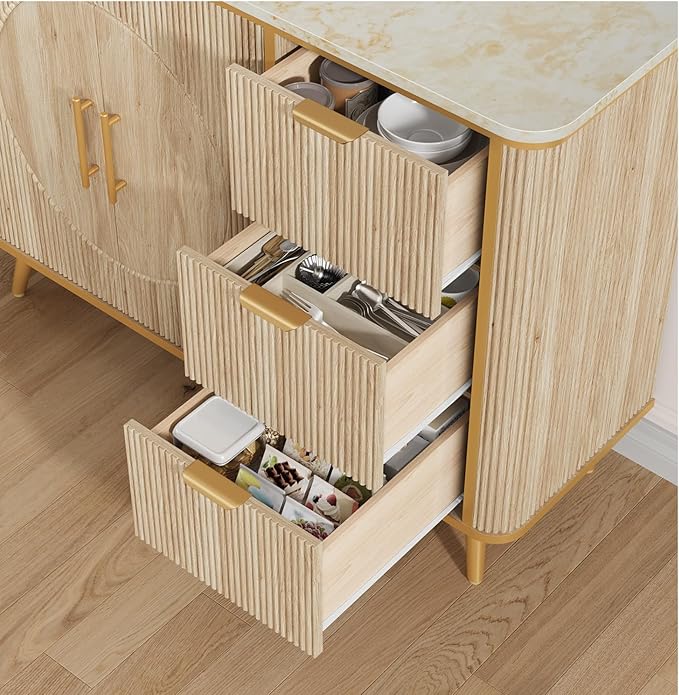 47.3" Modern Buffet Cabinet with Storage, Kitchen Sideboard Buffet with 2 Door & 3 Drawers, Fluted Caffee Bar Storage Cabinet for Dining Room, Living Room, Entryway, Natural Oak
