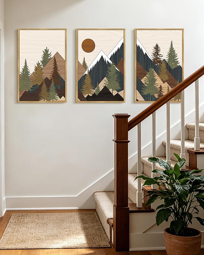 KUVIOKE Morden Mountains Framed Wall Art Boho Pine Tree Forest Nature Landscape Artwork Bohemain Farmhouse Rustic Bedroom Living Room Decor 16x24in (Natural Framed)