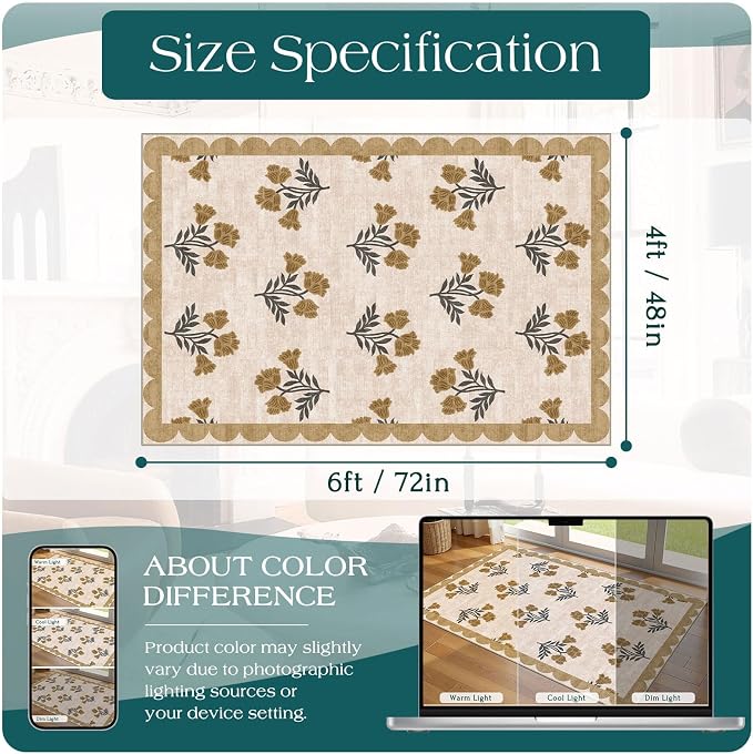 4x6 Covered Outdoor Patio Rug - Beige Washable Front Porch Entry Rug Non-Slip Door Mat Indoor Outside Entrance Floral Scalloped Area Rugs for Living Room Entryway Foyer Backyard Porch Decor
