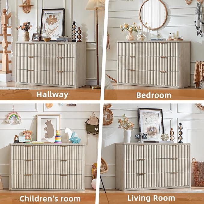 LEYAOYAO Fluted 6 Drawers Dresser for Bedroom, 48" Wide Modern Chest of Drawers with Metal Handle, Light Grey Curved Profile Farmhouse Closet Organizer Wood Dressers TV Stand for Living Room, Hallway
