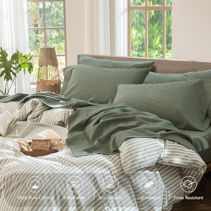 MooMee Bedding Sheet Set 6Pcs 100% Washed Cotton Linen Like Textured Breathable Durable Soft Comfy (Heathered Green, Queen)