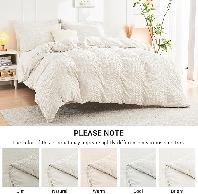 HYMOKEGE Ivory California King Comforter Set Seersucker 7 Pieces, All Season Luxury Bed in a Bag for Bedroom, Bedding Set with Comforters, Sheets, Pillowcases & Shams