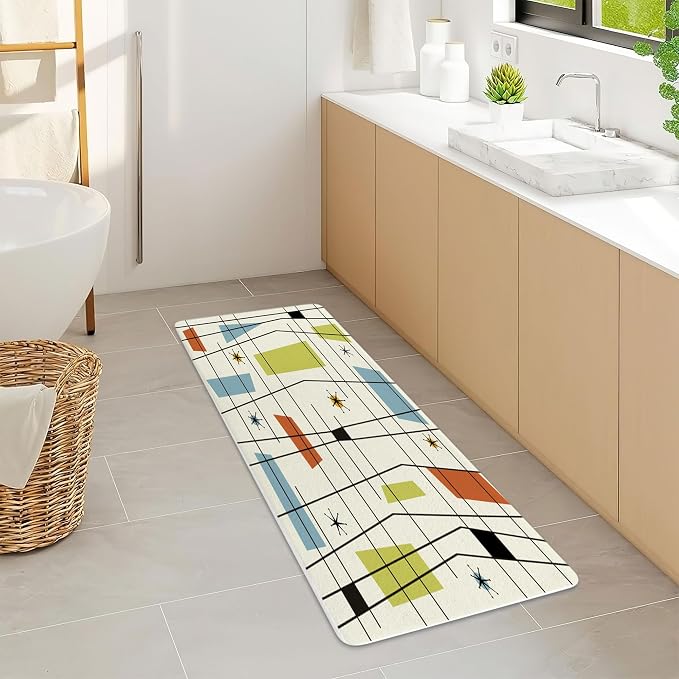 DYNH Mid Century Modern Abstract Geometric Bath Mat, Teal Blue Retro Grid Starbursts 19X31IN