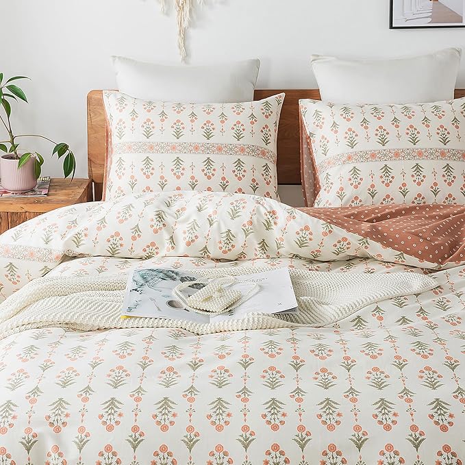 HoneiLife Floral Duvet Cover Twin - 100% Cotton Comforter Cover Wildflower Duvet Cover Sets, Botanical Duvet Cover with Zipper Closure & Corner Ties, 2-PCS Orange Comforter Cover Sets