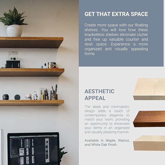 Rok Hardware Single Piece Floating Kitchen Shelf, 36 Inch (914mm) Length x 10 Inch (254mm) Depth, Wall Mounted, White Oak Finish Floating Shelf for Bathroom, Living Room FLO36X10OAK