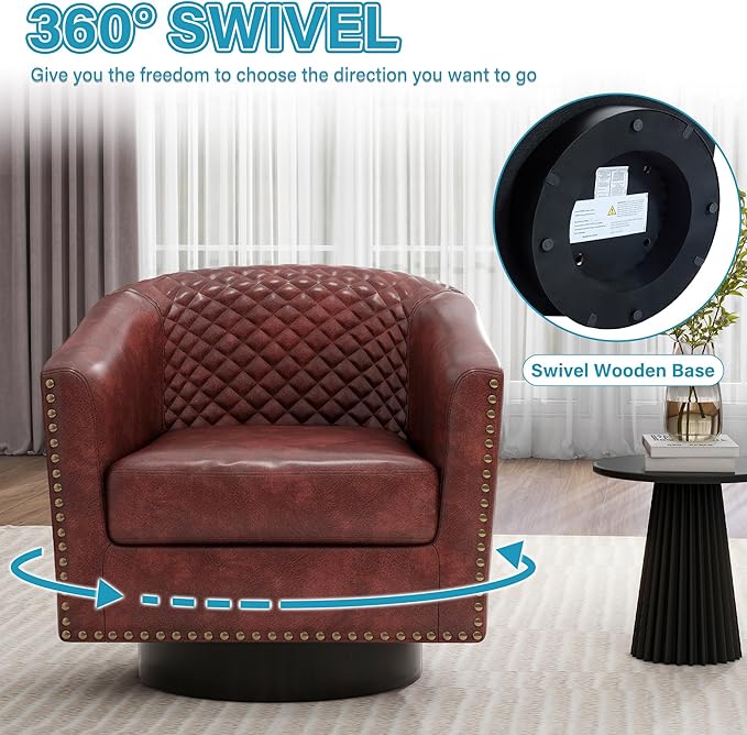 UIXE Swivel Accent Chair, PU Leather Barrel Club Chair for Living Room, Upholstered Armchair Comfy Single Sofa Bedroom Reading Seat - Red Brown