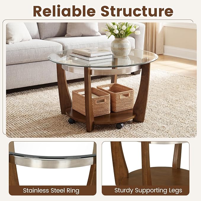 GOFLAME Glass Coffee Table with Storage, 32” Rolling Round Center Table with Tempered Glass Top, Solid Rubber Wood Legs, Wheels, Mid-Century Modern, 2-Tier Circle Tea Tables for Living Room (Walnut)