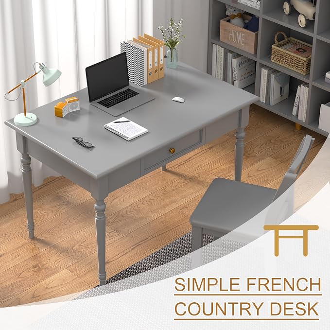 Solid Wood French Country Desk,Writing Desk with Storage Drawers,Farmhouse Computer Table Makeup Table Modern Simple Style,for Home Office Living Room Study Workspace Bedroom (Grey, 31.5IN)