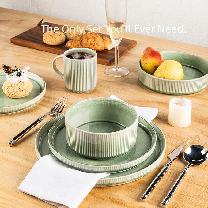 GBHOME 18-Piece Stoneware Dinnerware Set for 6 – Ribbed Ceramic Plates and Bowls, Scratch-Resistant, Microwave & Dishwasher Safe, Reactive Glaze, Light Green