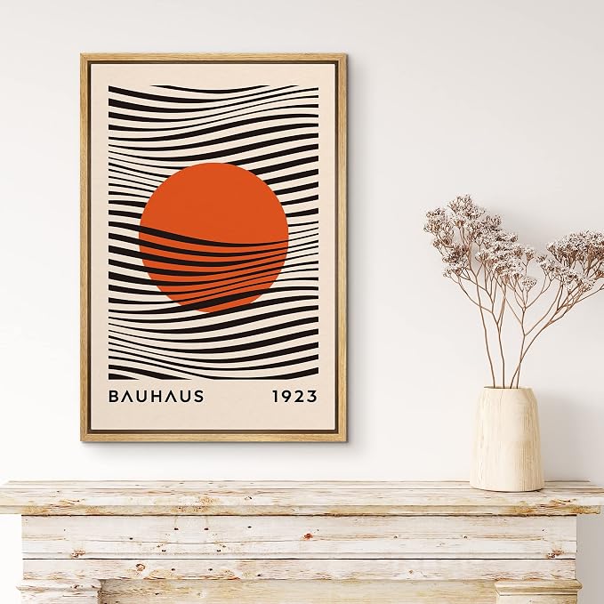 MUDECOR Framed Canvas Print Wall Art Mid-Century Bauhaus Red Sun & Black Waves Shapes Abstract Illustrations Modern Art Minimal Multicolor Relax/Calm for Living Room, Bedroom, Office - 24"x36" NATURAL