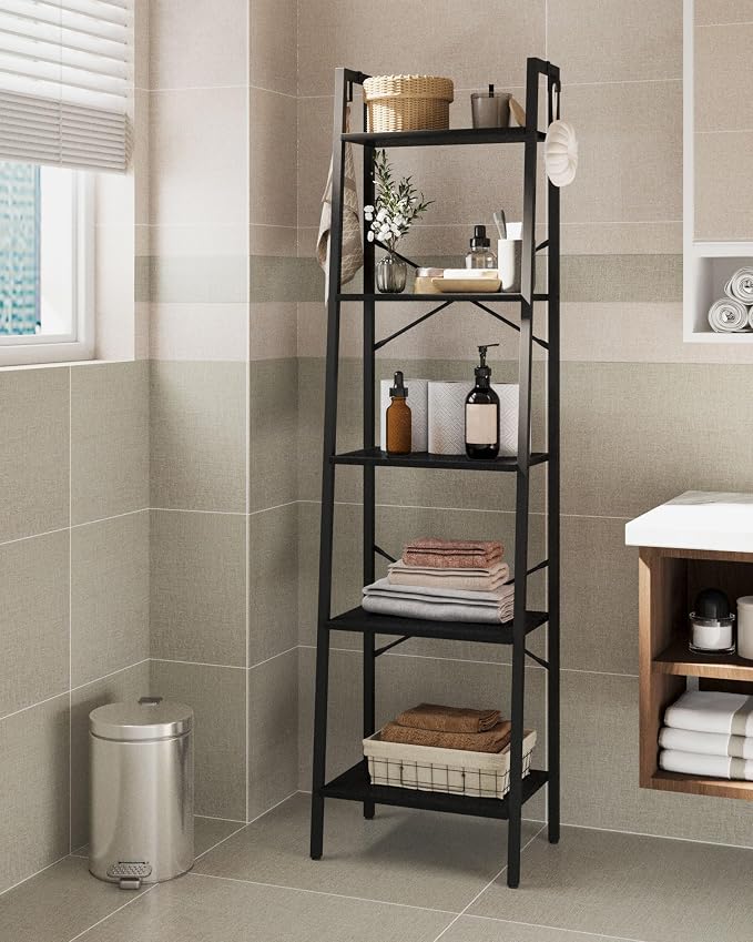 Hzuaneri Ladder Shelf, Bookshelf Bookcase, Freestanding Corner Storage Shelve with 2 Hooks for Home Office, Living Room, Kitchen, Bedroom, Industrial, 11.8" D x 17.3" W x 63" H, Black BC19204B