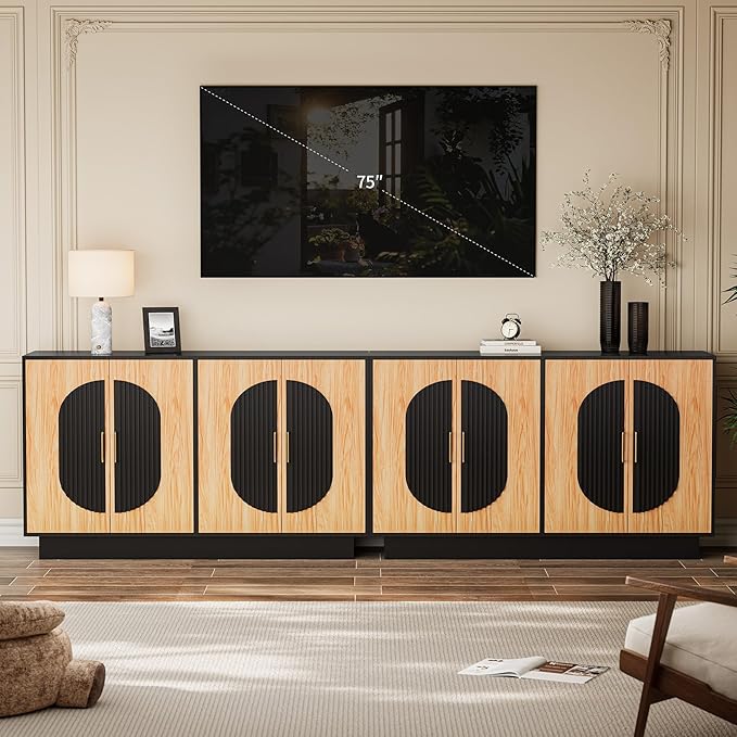 58" Fluted Modular Buffet Cabinet with Storage, Modern Sideboard Credenza w/Adjustable Shelves, Large Coffee Bar Media TV Console Table for Living Room/Dining Room/Kitchen/Entryway, Natural