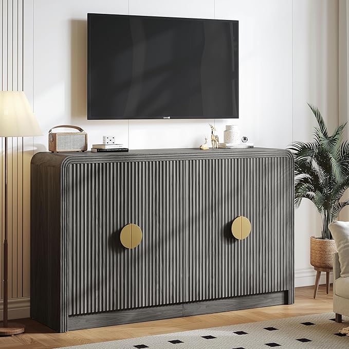Decofy 55" Buffet Sideboard Cabinet, Modern Mid Century Console Cabinet with Adjustable Shelves & Wavy Grain Doors for Kitchen Cabinets, Living Room, Entryway, Coffee Bar Cabinet (Black Walnut)
