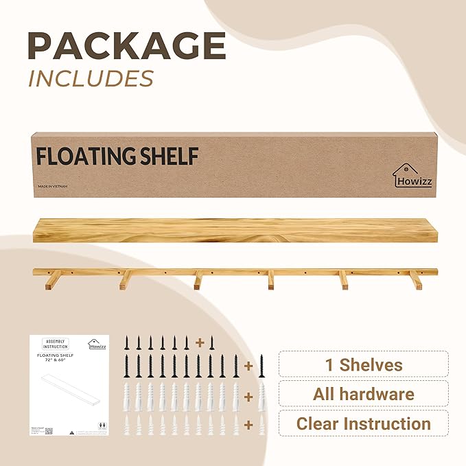 Howizz 72'' Pine Wood Floating Shelf for Wall, Rustic Wall Mounted Wooden Shelf with Invisible Brackets, Fireplace Mantel Shelf for Living Room, Bedroom, Bathroom & Home Decor, Dark Brown, 1 Pcs