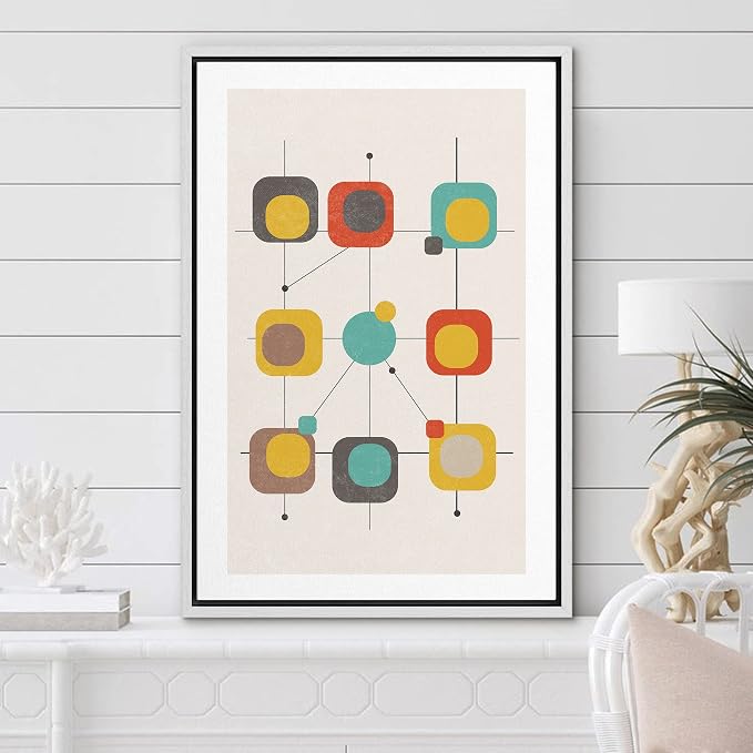 Woodrose Framed Canvas Print Wall Art Geometric Retro Color Block Variety Abstract Shapes Illustrations Modern Minimalist Chic Relax/Calm Multicolor for Living Room, Bedroom, Office - 24"x36" White