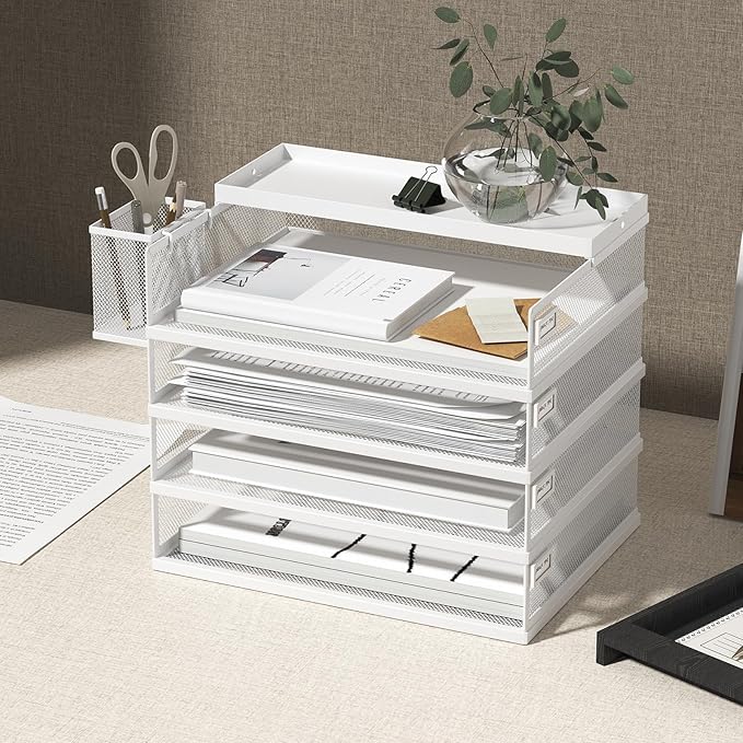 Metal Stackable Letter Trays, 4-Tier Desk Organizer & Paper Trays for Office, Stackable File & Document Tray with Magnetic Labels,White